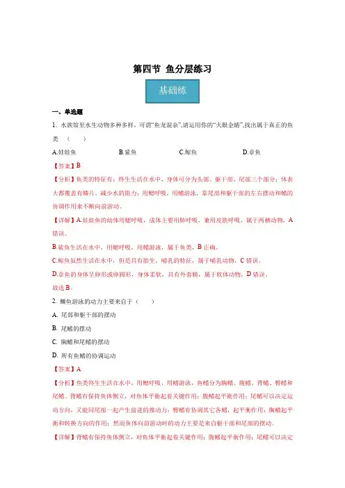 八年级生物上册(人教版)同步课堂5-14 鱼(分层练习)
