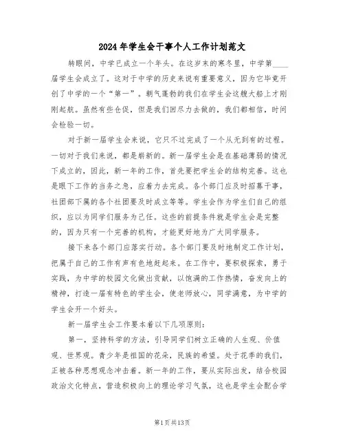 2024年学生会干事个人工作计划范文(五篇)