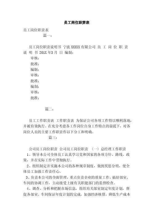 员工岗位职责表（范本）