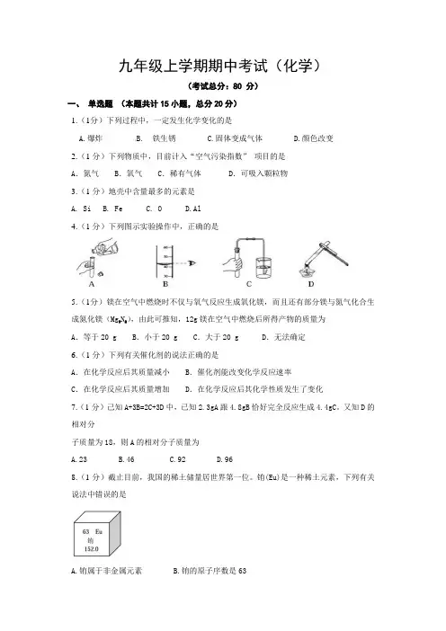 九年级上学期期中考试(化学)试卷含答案