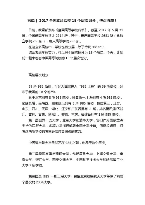 名单丨2017全国本科院校15个层次划分，快点收藏！