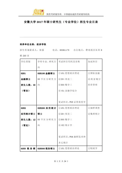 安徽大学2017年硕士研究生(专业学位)招生专业目录