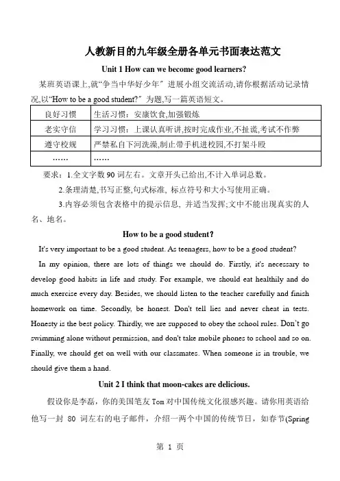 九年级英语全册各单元书面表达(精编 带范文)
