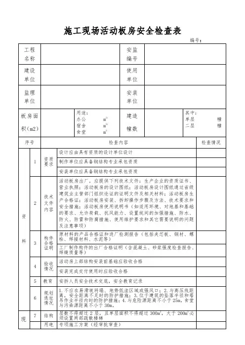 施工现场活动板房安全检查表