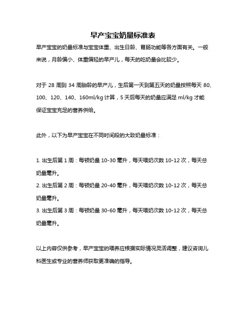早产宝宝奶量标准表