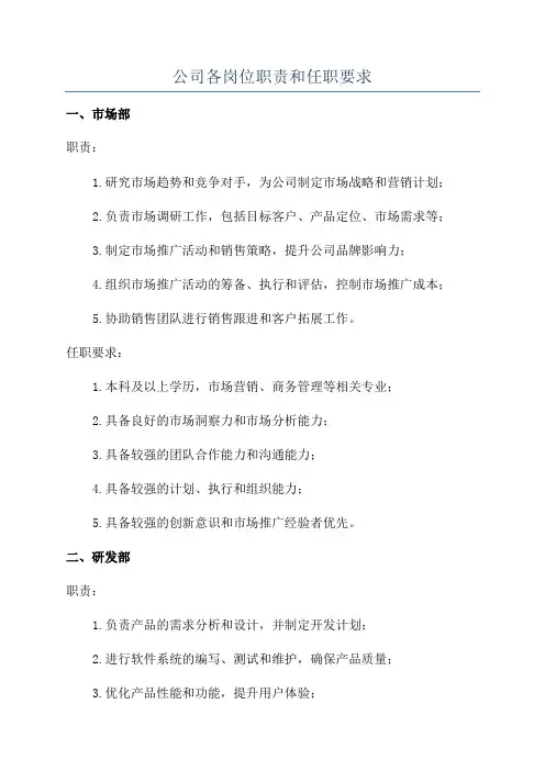 公司各岗位职责和任职要求