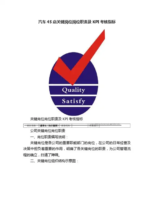 汽车4S店关键岗位岗位职责及KPI考核指标