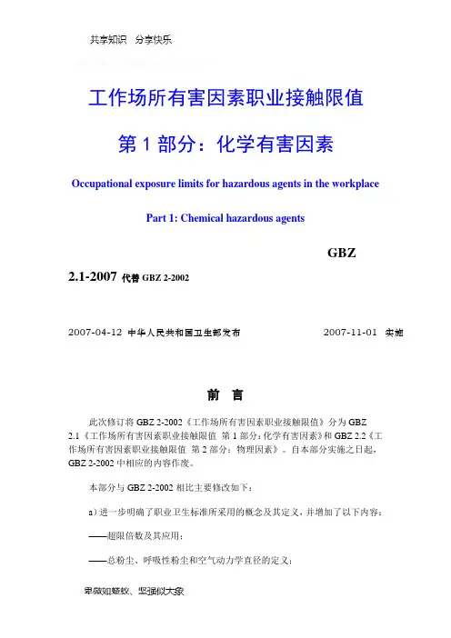 职业危害因素接触限值
