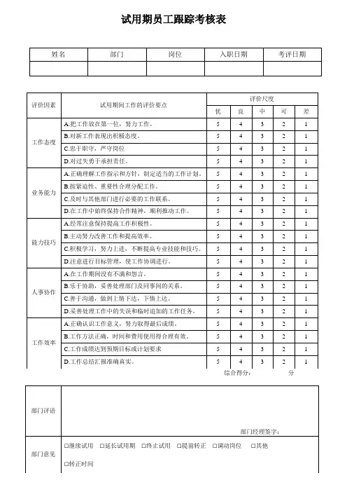 试用期员工跟踪考核表