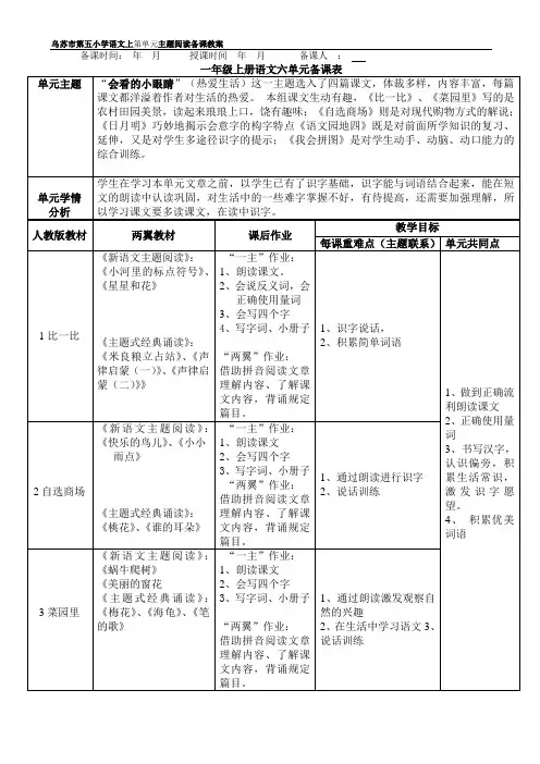 胡雁  一年级上册新语文主题阅读六单元主题阅读备课教案