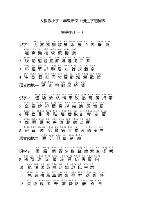 人教版小学一年级语文下册生字表拼音及组词