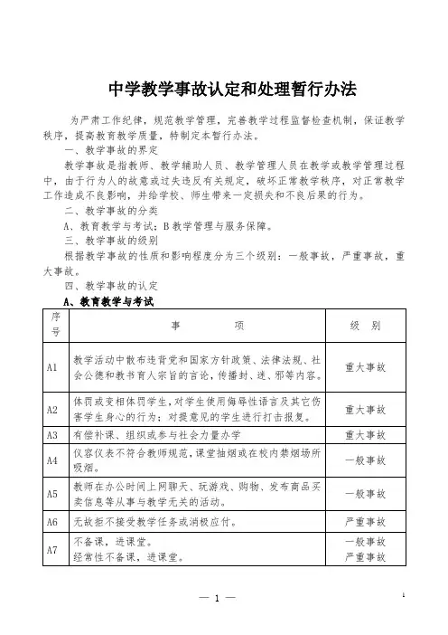 中学教学事故认定和处理暂行办法