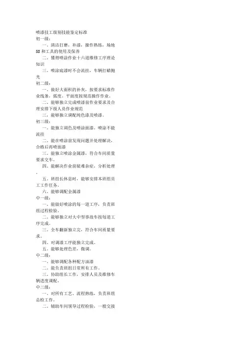 喷漆技工级别技能鉴定标准
