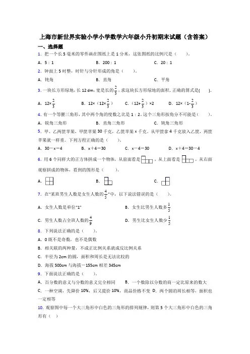 上海市新世界实验小学小学数学六年级小升初期末试题(含答案)