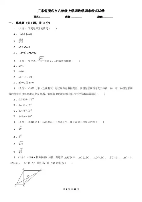 广东省茂名市八年级上学期数学期末考试试卷