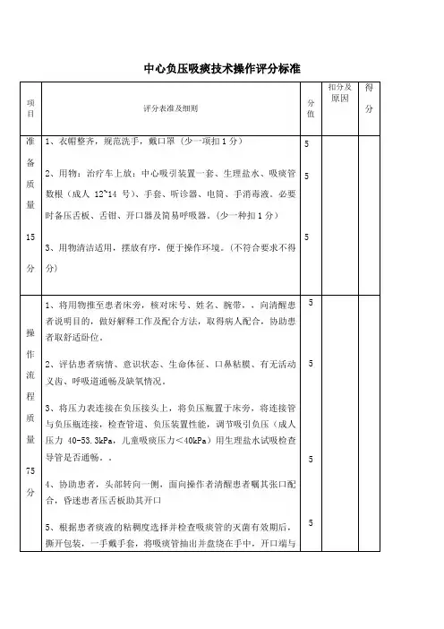 中心负压吸痰技术操作评分标准