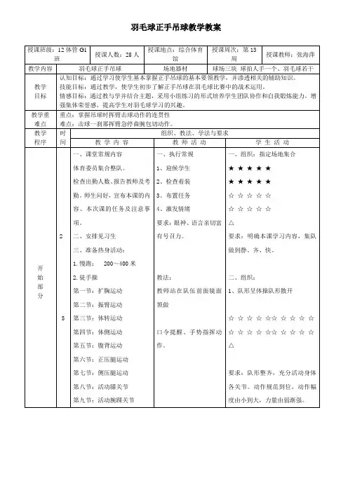 羽毛球正手吊球教学教案