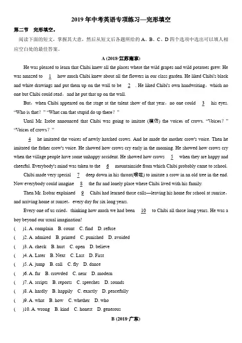 2019年中考英语专项练习—完形填空(2018年真题 带答案)