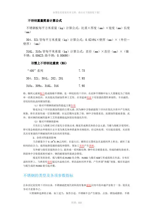 不锈钢重量简易计算公式