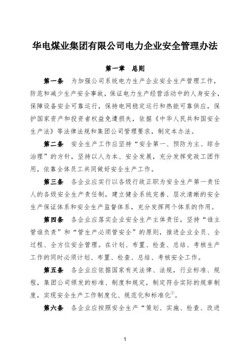 华电煤业集团有限公司电力企业安全管理规定(试行)