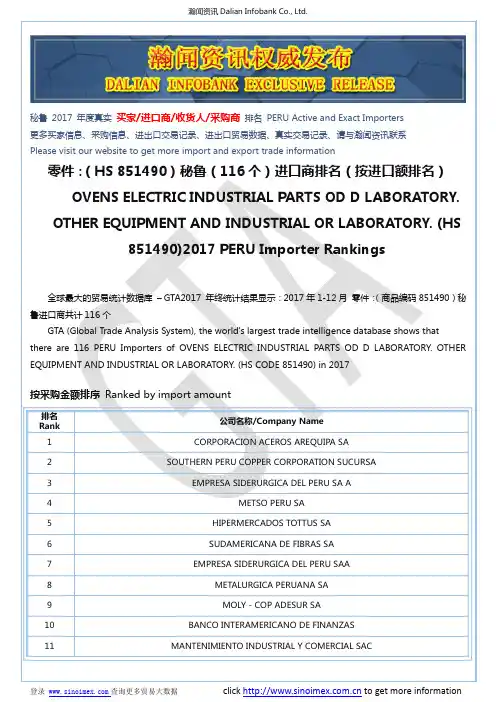 零件：(HS 851490)2017 秘鲁(116个)进口商排名(按进口额排名)