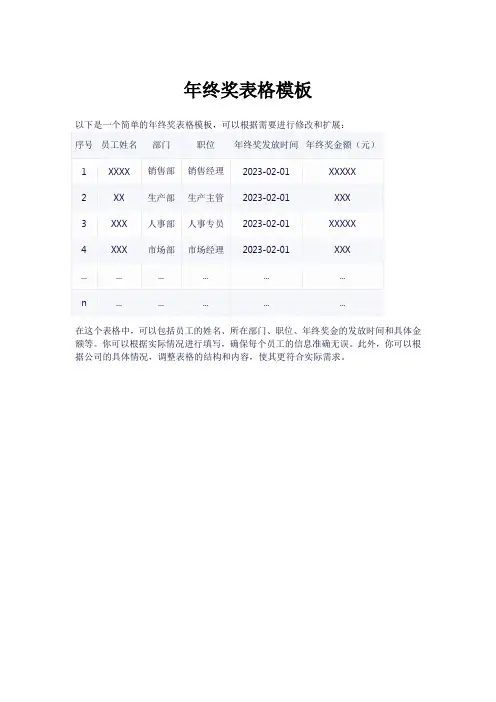 年终奖表格模板