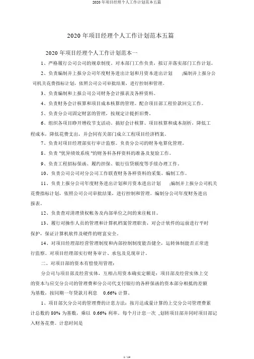 2020年项目经理个人工作计划范本五篇