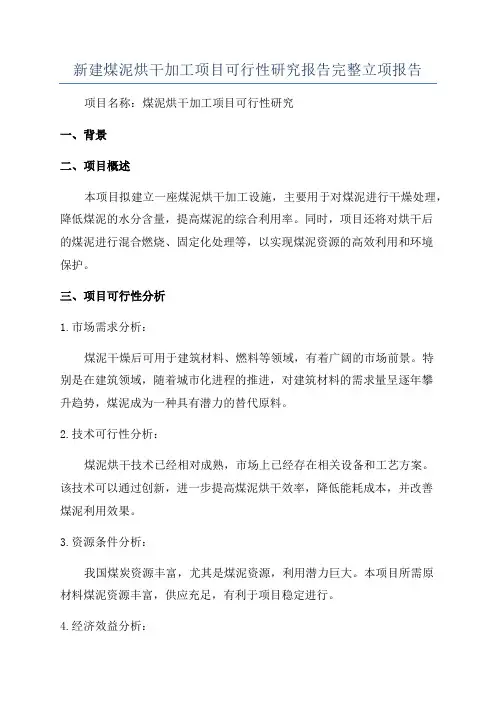 新建煤泥烘干加工项目可行性研究报告完整立项报告