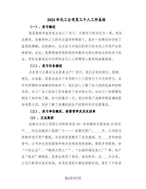 2024年化工公司员工个人工作总结（四篇）