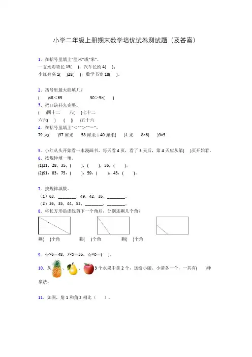 小学二年级上册期末数学培优试卷测试题(及答案)
