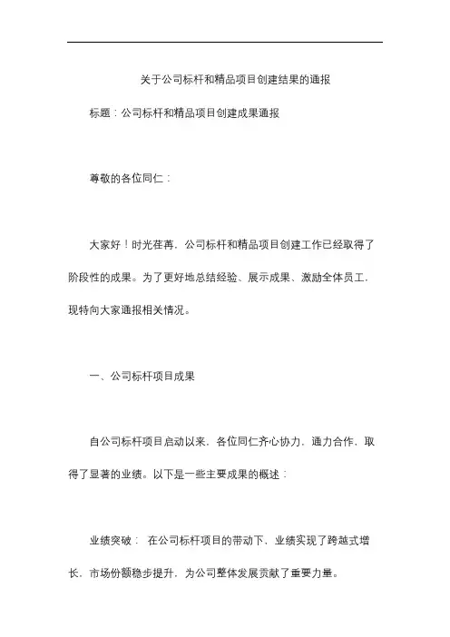 关于公司标杆和精品项目创建结果的通报