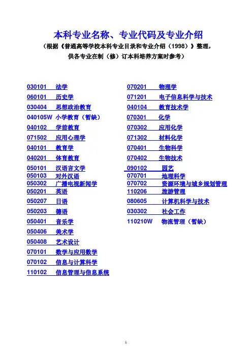 本科专业名称、专业代码及专业介绍