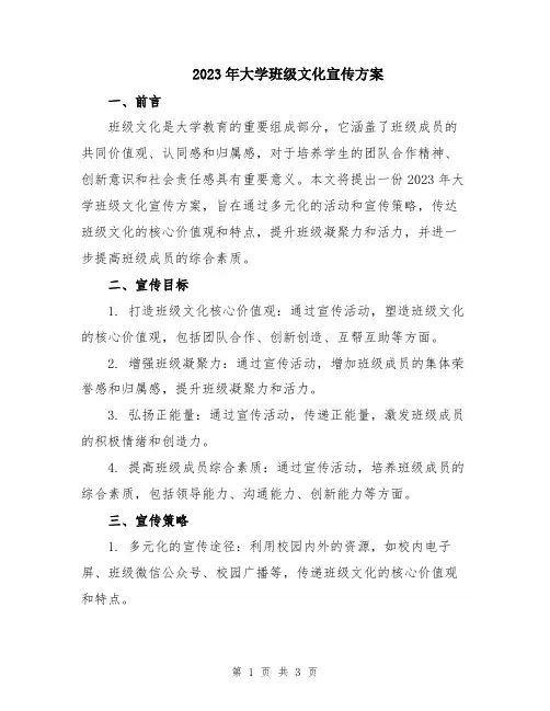 2023年大学班级文化宣传方案