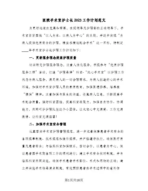医院手术室护士长2023工作计划范文(5篇)