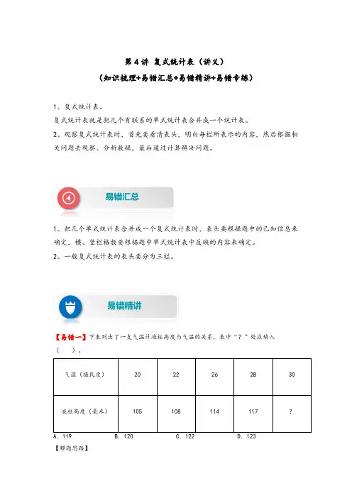 人教版三年级数学下册易错题专项练习-第4讲 复式统计表(含答案)