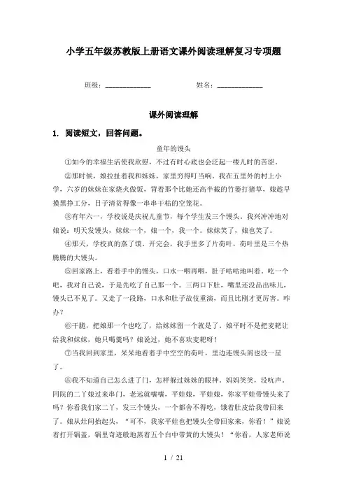 小学五年级苏教版上册语文课外阅读理解复习专项题