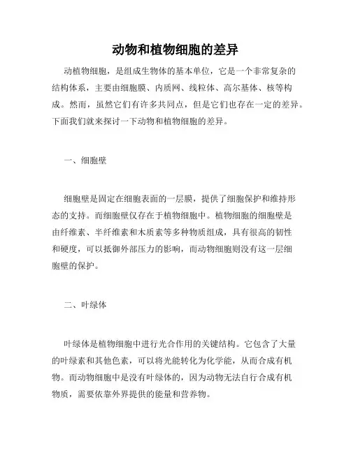 动物和植物细胞的差异