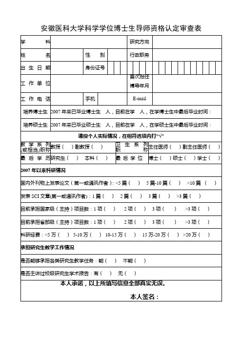 安徽医科大学科学学位博士生导师资格认定审查表