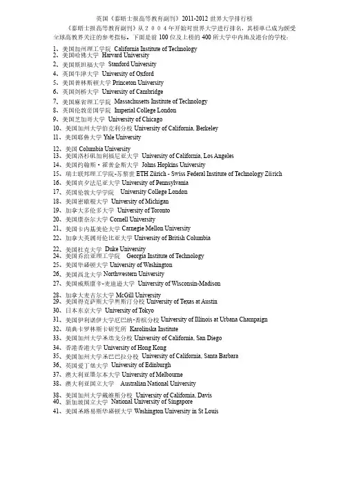 英国《泰晤士报高等教育副刊》2011-2012世界大学排行榜