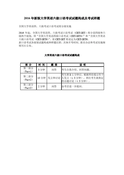 2016年新版大学英语六级口语考试试题构成及考试样题