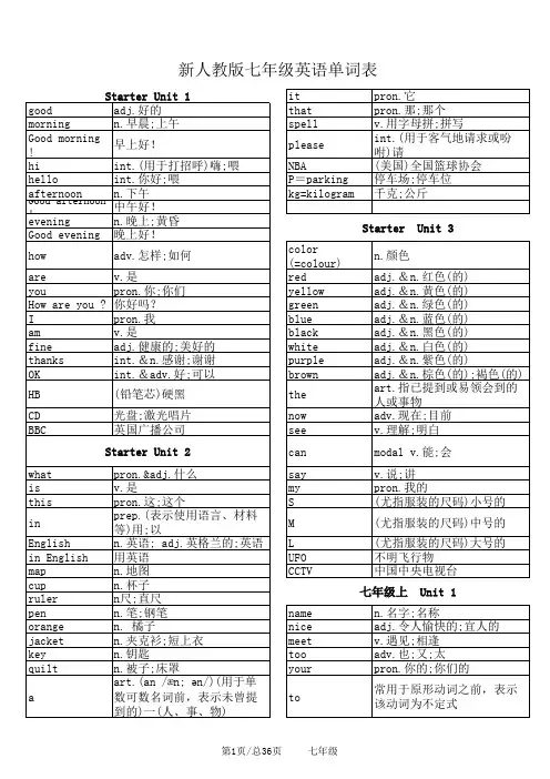 人教版初中英语七年级上册全册单词表【完整版】