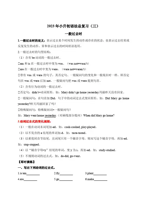 2023年小学英语六年级小升初语法总复习(三)一般过去时 (译林版含答案)