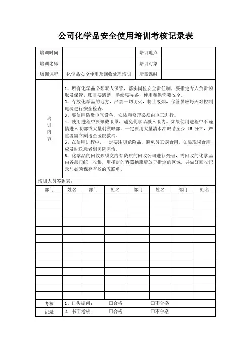 公司化学品安全使用培训考核记录表