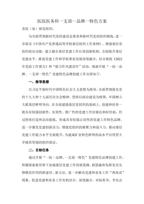 医院医务科一支部一品牌一特色方案