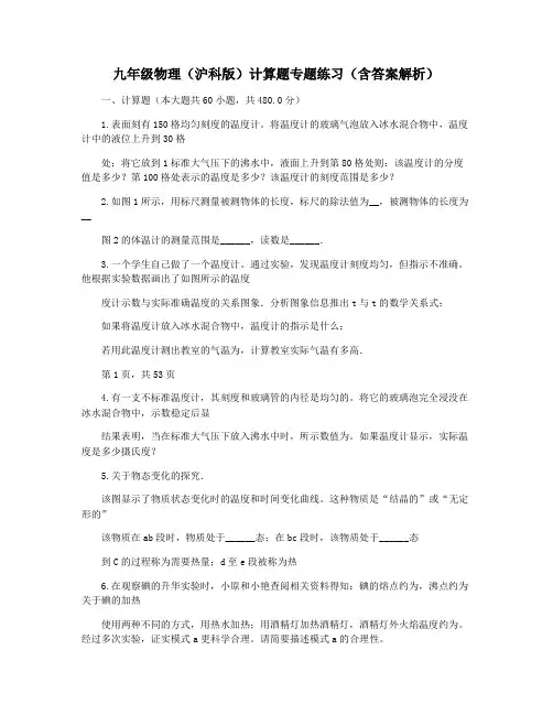 九年级物理(沪科版)计算题专题练习(含答案解析)