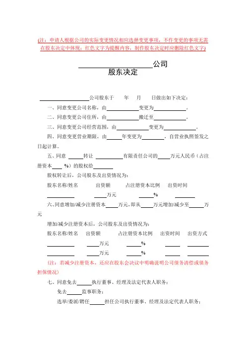 一人有限公司股东决定(变更)