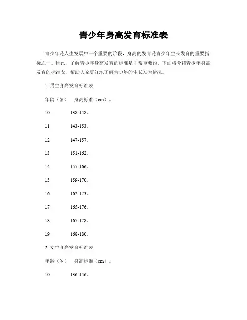 青少年身高发育标准表