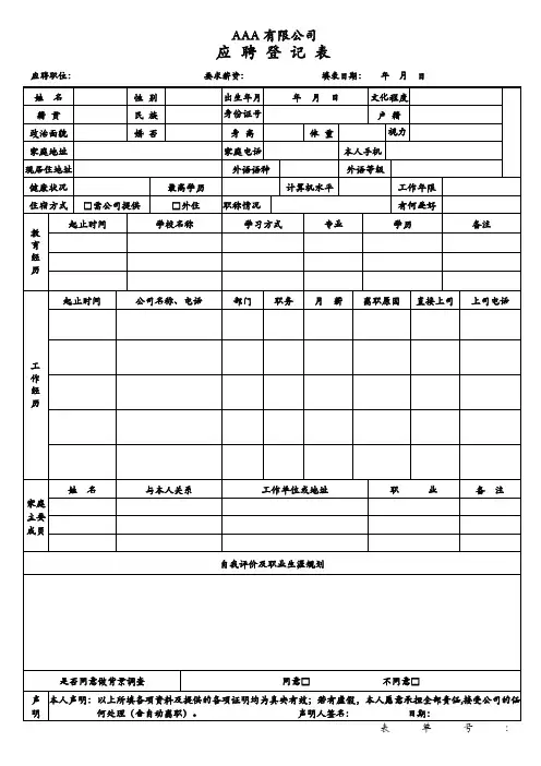 应聘登记表(模板)