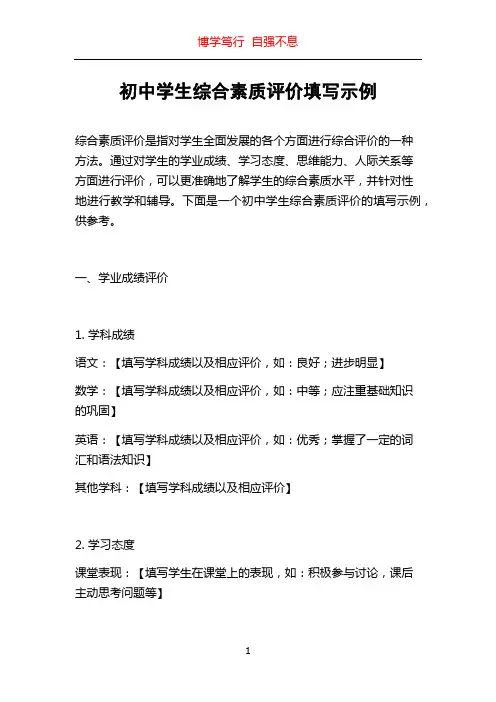 初中学生综合素质评价填写示例