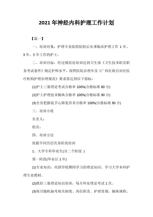 【精选】2021年神经内科护理工作计划